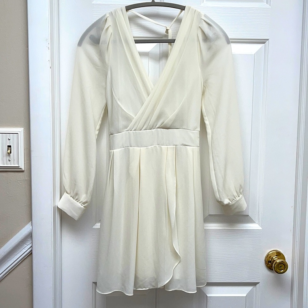 Ivory Long Sleeve Chiffon Wrap Mini Dress